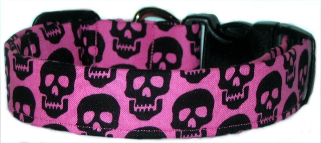 Hot Pink Black Skulls Handmade Dog Collar